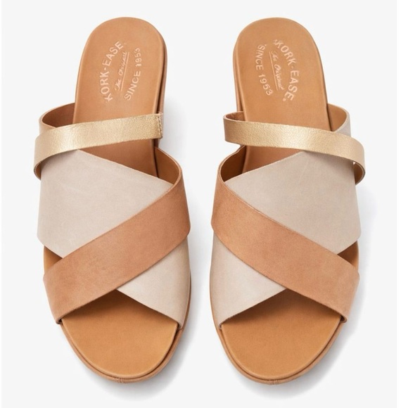 NEW Kork-Ease Leather Criss Cross Wedge Sandals Neutral Comfort Size 9